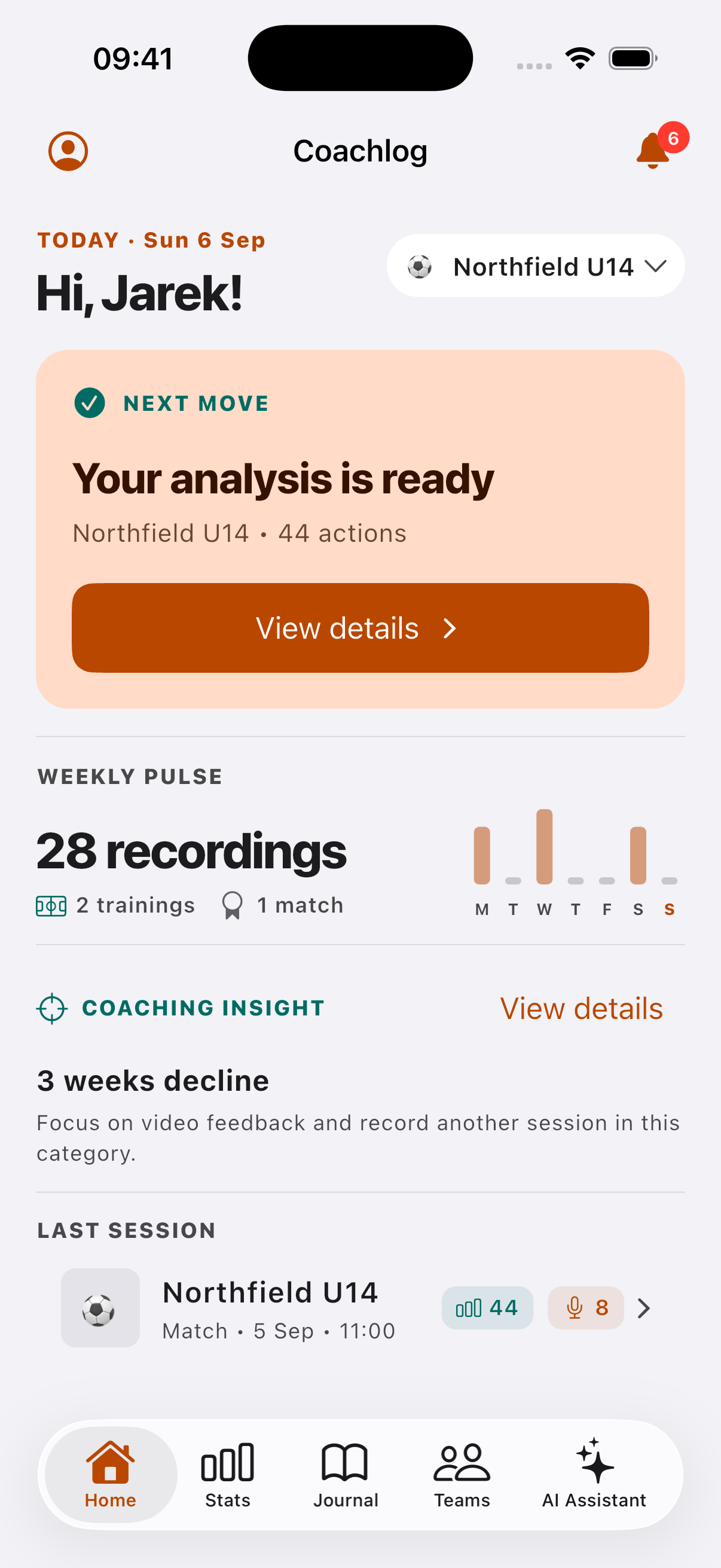 Coachlog home screen with the weekly pulse and last session
