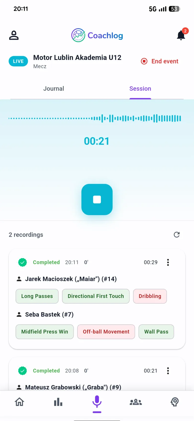 Coachlog voice recording session