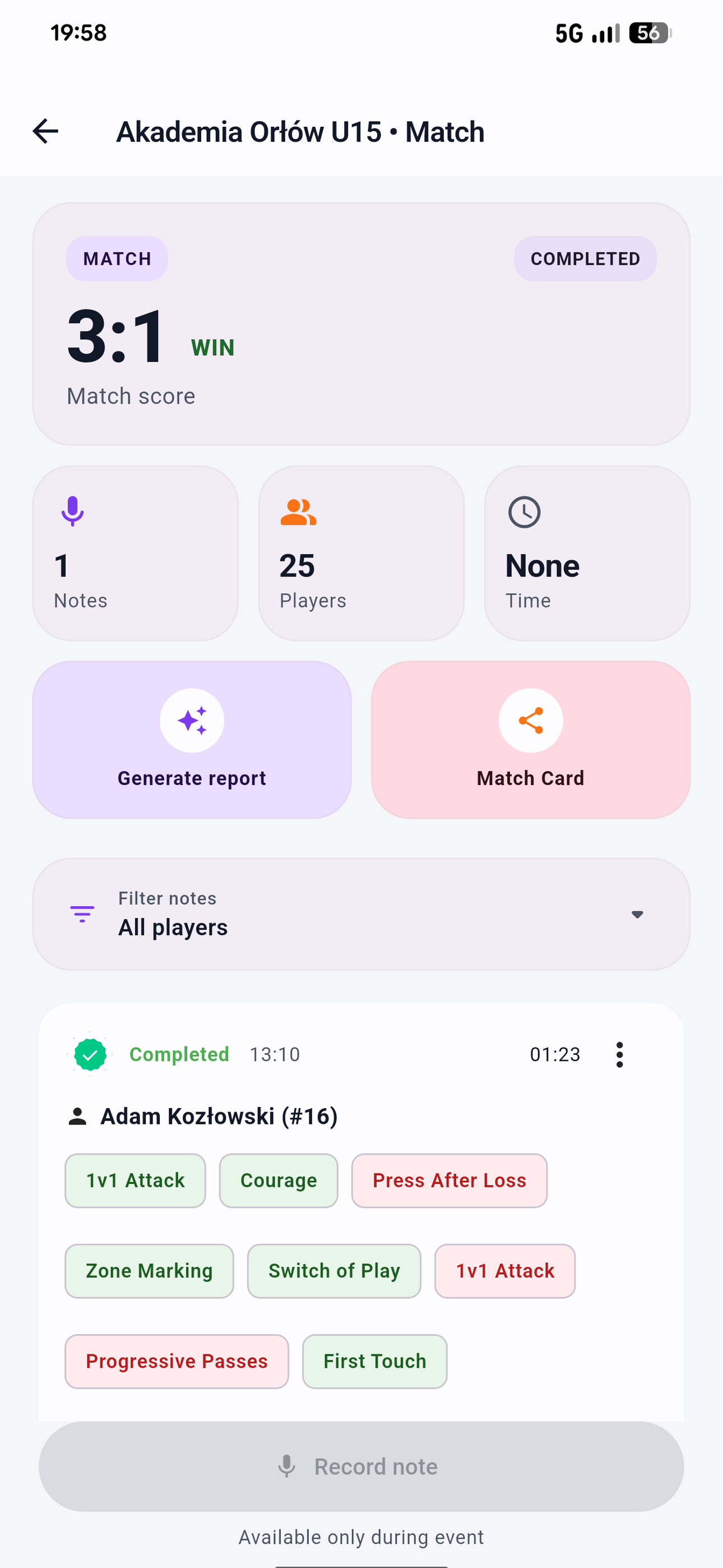 Match summary with voice notes
